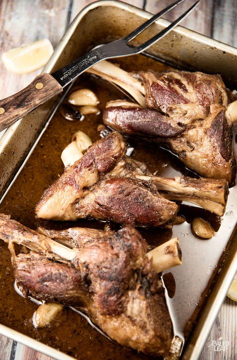 Roasted Lamb Shanks - This simple lamb roast comes out of the oven tender and ready to satisfy a serious appetite. #Paleo #Glutenfree Roast Lamb Shank Recipe, Roasted Lamb Shanks, Cumin Lamb, Lamb Shank Recipe, Roasted Lamb, Lamb Shank, Roast Lamb, Lamb Dishes, Paleo Beef