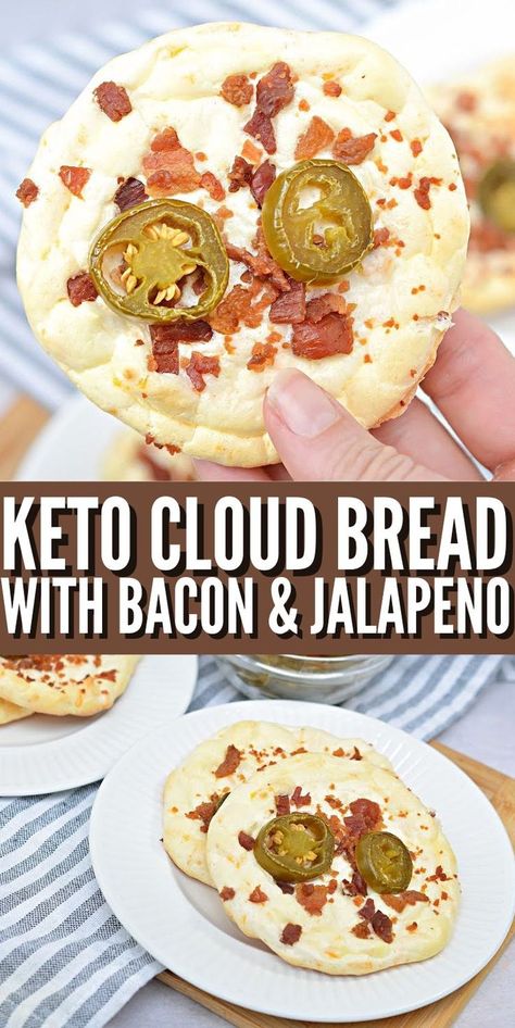 Keto Cloud Bread With Bacon & Jalapeno - Whether you call it oopsie bread or cloud bread, you’ll love how it tastes! Use it as a keto sandwich bread replacement. #keto #Ketorecipes #Ketodiet #Ketocloudbread #baconjalapencloudbread #oopsiebread #ketobread #homemadebread #healthyrecipes #snacks #food #recipes Keto Sandwich Bread, Oopsie Bread, Keto Cloud Bread, Bread Replacement, Food Guilt, Low Carb Cheesecake Recipe, Keto Bacon, Bariatric Eating, Stuffed Jalapenos With Bacon