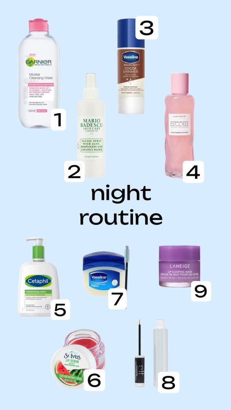 my night time￼ routine ￼💤😴 #beauty Travel Minis, 13 Year Girl, Kids Skin Care, Night Care, Time Routine, Mario Badescu Skin Care, Night Moisturizer, Micellar Cleansing Water, Laneige Lip Sleeping Mask