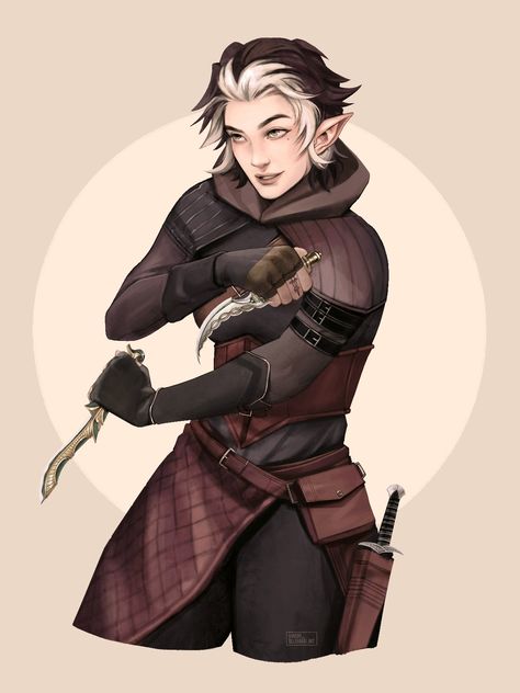 Student Character Art, Female Rogue Character Art, Elf Rogue Female Dnd, Dnd Rogue Art, Rogue Dnd Character Design, Dnd Rogue Character Design, Half Elf Rogue, Dnd Rogue, Dnd Female Character