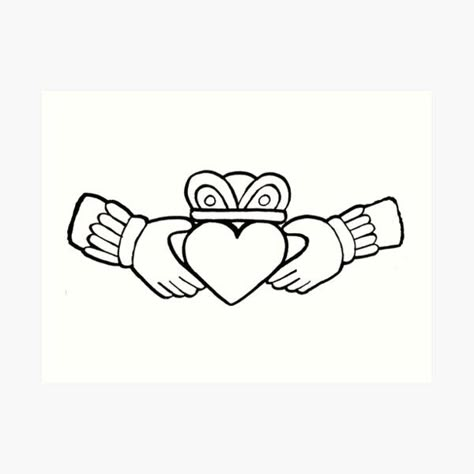 "Irish Claddagh" Art Print for Sale by melissapeterson | Redbubble Gaelic Irish Tattoo, Irish Mob Tattoo, Simple Irish Tattoos For Women, Irish Flash Tattoo, Claddagh Ring Drawing, Claddagh Drawing, Irish Drawings, Irish Claddagh Drawing, Dainty Claddagh Tattoo