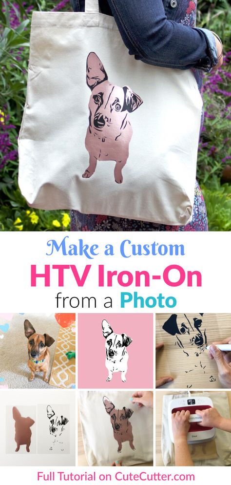 Step-by-step tutorial to make a custom HTV tote bag using a photo of your dog (or cat) with your Cricut or Silhouette! #cricut #htv #dog #adorable #cat #phototosvg #jpgtosvg #picturetosvg #rosegold #customdog #customcat #silhouette Dog Cricut, Pet Cricut Ideas, Cricut Projects For Dogs, Htv Designs, Cricut Dog Shirt Ideas, Cricut Photo Projects, Cat Cricut Projects, Htv Projects Ideas, Htv Ideas