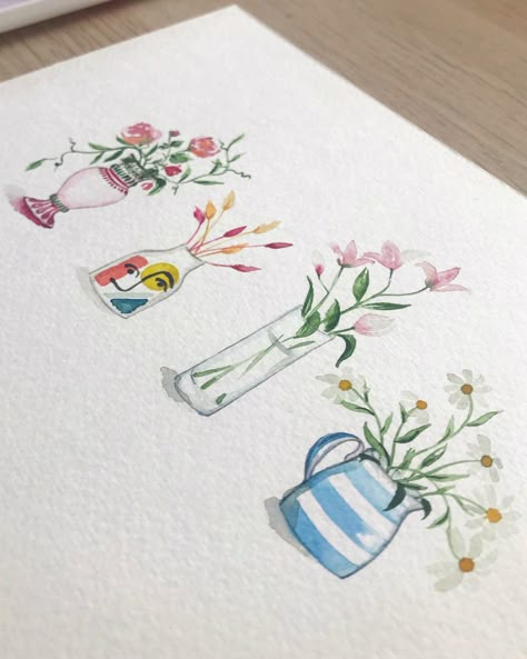 Watercolour Vase, House Plant Painting, Watercolour House, Valentines Day For Her, Colourful House, Painting Plants, Blue And White Print, Watercolor Flowers Tutorial, House Print