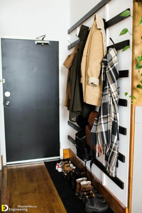 30 Super Cool Coat Rack Ideas You’ll Want In Your Home | Engineering Discoveries Modern Coat Closet Entryway, Large Wall Decor Stairway, Vertical Coat Rack Wall, Coat Racks Wall Entryway, Coat Rack Entryway Small Spaces, Entry Coat Rack Ideas, Wall Coat Rack Ideas, Wall Coat Rack Ideas Entryway, Entryway Coat Rack Ideas