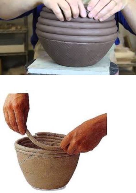 Working with Clay (2)  CeramicIce.com Coil method can also be used to build bowls, vases or other creations. It also has a long history among many civilizations, ranging from early China to ancient Aztec cultures. The artist takes a lump of clay and rolls it into a ‘rope’, which can be of various thickness. Then, a coil is placed on top of the previous one, creating different shapes. The coils can be left visible or can be smoothed away depending on the artistic design. Ancient Aztecs, Coil Pottery, Cream Scones, Aztec Culture, Ice Cream Floats, Coil Pots, Light Cakes, Cherry Candy, Fruit Mixes