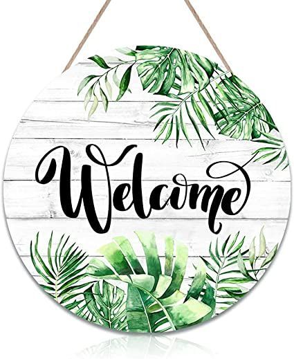 Home Office Farmhouse, Farmhouse Yard, Beach Wood Signs, Office Farmhouse, Green Palm Leaves, Welcome Signs Front Door, Welcome Door Signs, Wooden Welcome Signs, Beach Wood