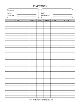 A printable form on which to tally store or warehouse inventory. Includes many lines on which to note item, number, unit, price, and total as well as notes. It is available in PDF, DOC, or XLS (spreadsheet) format. Free to download and print Stock Inventory Spreadsheet, Stock Take Template, Inventory Template Free Printables, Craft Supplies Inventory Free Printable, Store Inventory Sheet, Inventory Spreadsheet, Inventory Sheet, Inventory Printable, Warehouse Inventory