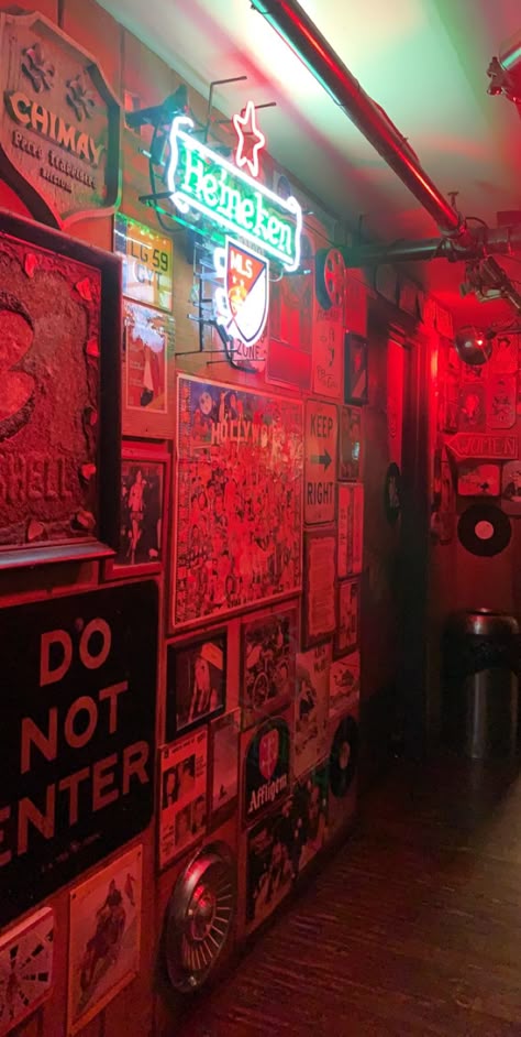 Industrial Club Design, Pub Vibes Aesthetic, Eclectic Man Cave, Dive Bar Aesthetic Basement, Basement Bar Aesthetic, Rustic Bar Aesthetic, Dive Bar Basement, Vintage Club Aesthetic, Dive Bars Aesthetic