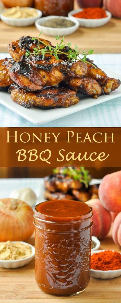 Honey Peach BBQ Sauce - brings the flavour of summer's sweetest fruit to a tangy… Peach Bbq, Grilled Wings, Tangy Bbq Sauce, Marinade Sauce, Bbq Sauce Recipe, Peach Recipe, Homemade Sauce, Barbecue Sauce, Canning Recipes