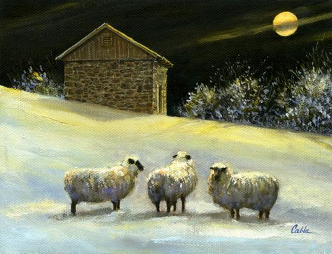 Sheep Paintings, Sheep Art, Night Moon, Giclee Painting, Winter Painting, Painting Landscape, Winter Art, Art Watercolor, Big Canvas Art