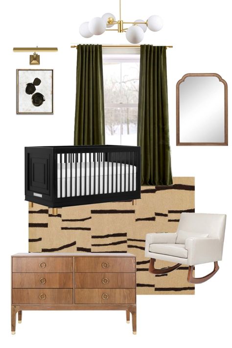 Nursery Midcentury Modern, Modern Nursery Black Crib, Gender Neutral Nursery With Black Crib, Brass Nursery Decor, Black White And Tan Nursery, Neutral Nursery Black Crib, Boy Nursery With Black Crib, Modern Boys Nursery, Cb2 Nursery