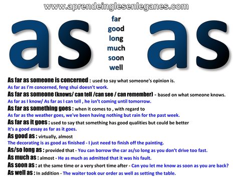 As...As phrases - As far As, As good As, As long As, As much As, As soon As, As well As. B2 First, C1 Advanced, C2 Proficiency - Cambridge English - Advanced grammar - grammaire anglaise avancée - Gramática inglesa avanzada - fortgeschrittene englische Grammatik - προηγμένη αγγλική γραμματική -zaawansowana gramatyka języka angielskiego - ngữ pháp tiếng anh nâng cao As Well As Grammar, As Soon As Grammar, As As Grammar, C1 Grammar, B2 Grammar, Advanced English Grammar, Speaking Activities English, English Advanced, English Conversation Learning