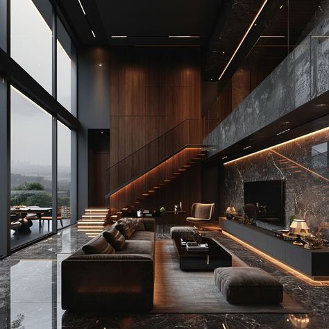 Dark House Interior Design, Dark House Interior, Loft Building, Dark Deco, Morden House, Comfort Place, Dark House, Luxury Penthouse, Skyscraper Architecture