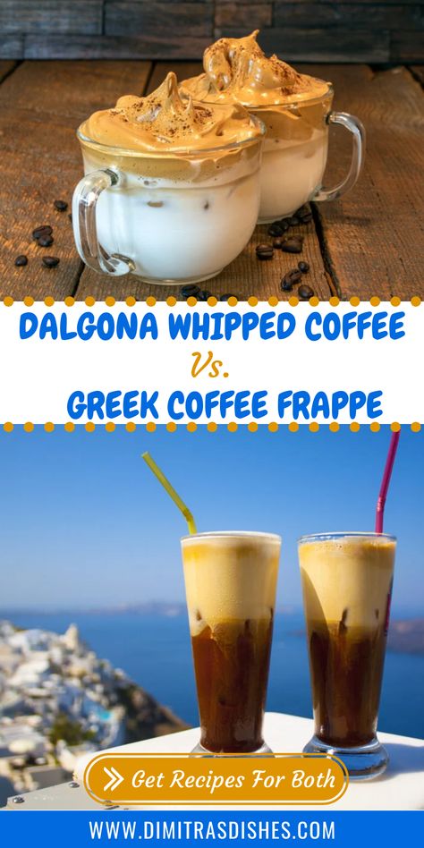 Dalgona is the whipped coffee drink that went viral on Tik Tok. It looks like a pillow of mousse over milk. Beautiful and fairly simple coffee drink to make. I had to try it and so, naturally I wanted to compare it to the classic Greek frappe. Here’s what happened… #coffeedrinks #dalgonacoffee #greekfrappe #greekcoffee #koreancoffee Greek Coffee Recipe, Greek Frappe Recipe, Greek Desserts Easy, Greek Drinks, Bougatsa Recipe, Cold Drinks Recipes, Greek Recipes Dessert, Coffee Syrups, Greek Recipes Authentic