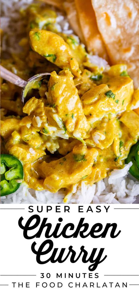 easy chicken curry recipe with Indian flavors in a wooden bowl Chicken Curry Not Spicy, Shredded Curry Chicken, Yellow Potato Curry, Easy Yellow Curry Chicken, Turmeric Curry Recipes, Simple Curry Chicken Recipes, Yellow Chicken Curry Recipe Indian, Yellow Chicken Curry Recipe Easy, Curry Chicken Indian Recipes