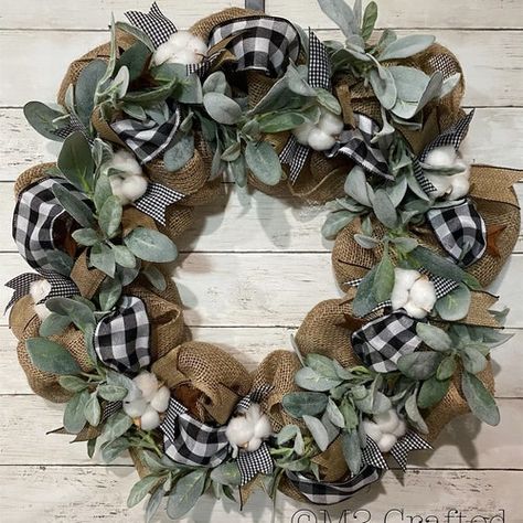 Burlap Flower Wreaths, Hat Wreath, Buffalo Plaid Decor, Rag Garland, Buffalo Check Christmas, Rag Wreath, Blue Wreath, Year Round Wreath, Lambs Ear