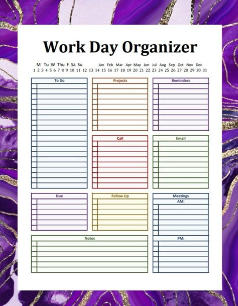 "Work Day Organizer Printable PDF 8.5\"x11\" You will receive all three color options, pick your favorite or change it every week! *Agate background is for display purposes only and is not part of document" Print Shop Organization, Work Organization Printables, Work Day Organizer, Office Filing System, Agate Background, Small Office Organization, Day Organizer, Office Organization At Work, Custom Business Signs