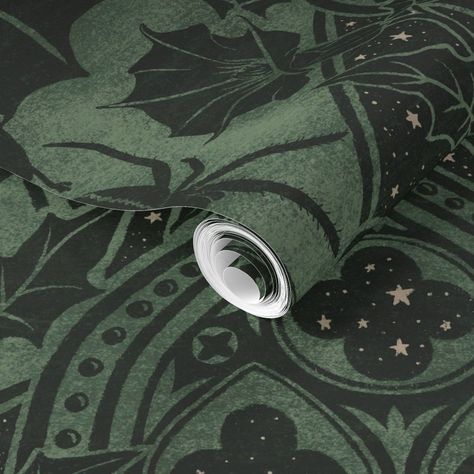 Gothic Astrological Bedroom, Peel And Stick Wallpaper Mural, Gothic Wallpaper Bedroom, Goth Boho Decor Living Room, Gothic Forest Bedroom, Green Gothic Wallpaper, Dream House Wallpaper, Green Wallpaper For Walls, Dark Interiors Living Room