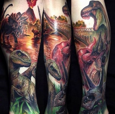 Dinosaur Sleeve Tattoo Tattoo Dinosaur, Dino Tattoos, Epic Tattoos, Dino Tattoo, T Rex Tattoo, Fierce Tattoo, Dinosaur Tattoo, Left Arm Tattoos, Dinosaur Tattoos