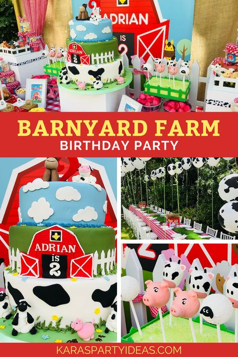 Barnyard Farm Birthday Party via Kara's Party Ideas - KarasPartyIdeas.com Barnyard Bash 2nd Birthday, Emma Thomas, Barnyard Birthday Party, Farm Theme Birthday, Farm Animal Party, Farm Animals Birthday Party, Farm Themed Birthday Party, Yard Party, Barnyard Party