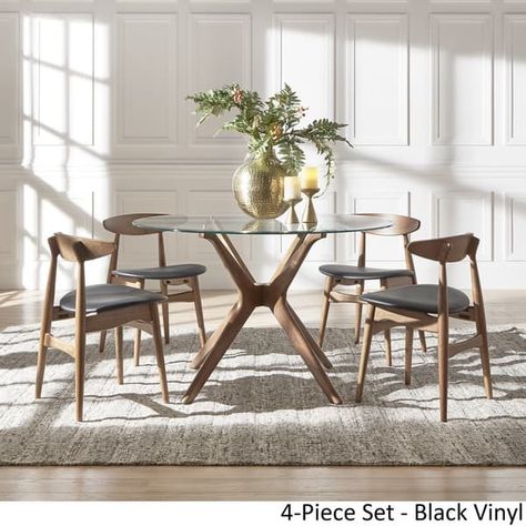 Nadine Dark Walnut Finish Glass Table Top Round Dining Set - Curved Back Chairs by iNSPIRE Q Modern - Bed Bath & Beyond - 18218122 Round Table Chairs, Glass Dining Table Decor, Glass Dinning Table, Glass Round Table, Rustic Round Dining Table, Bali Interior Design, Dining Aesthetic, Bali Interior, Round Glass Table Top