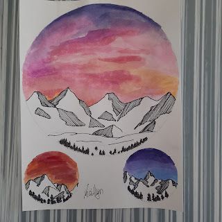 a faithful attempt: Jen Aranyi Inspired Mountain Watercolour Landscapes Jen Aranyi, Water Colour Mountain Painting, Watercolour Mountains, Jen Aranyi Landscapes, Watercolour Mountains Easy, Snow Mountain Watercolor, Artist Van Gogh, Inuit Art, Scratch Art