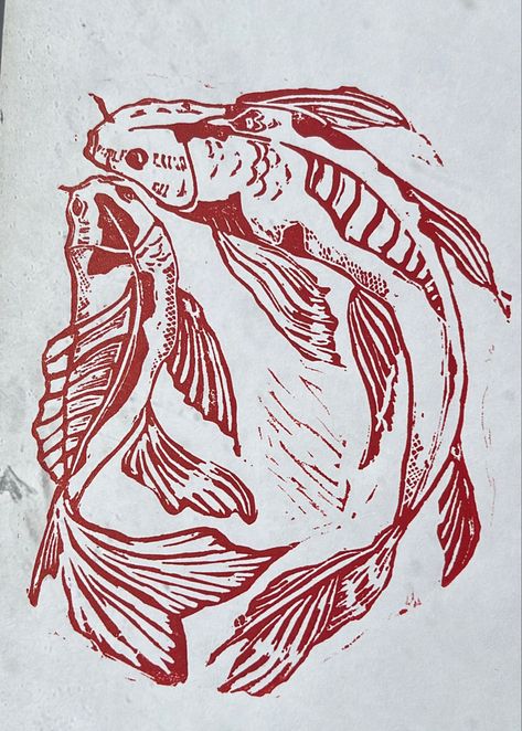 Koi Fish Lino Print, Relief Printmaking Ideas, Japanese Lino Print, Koi Fish Linocut, Linocut Style Tattoo, Koi Linocut, Animal Linocut, Fish Printmaking, Fish Linocut