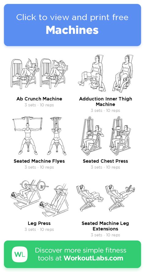 Machines – click to view and print this illustrated exercise plan created with #WorkoutLabsFit Weight Machines For Beginners, Easy Gym Machine Workout For Beginners, Different Machines At The Gym, Gym Routine For Beginners Machines, Workout Plans For The Gym For Beginners, What Machines To Use At The Gym For Women, Gym Workouts Women Cardio Machines, Workout Schedule Machines, Weekly Gym Workouts Women Machines