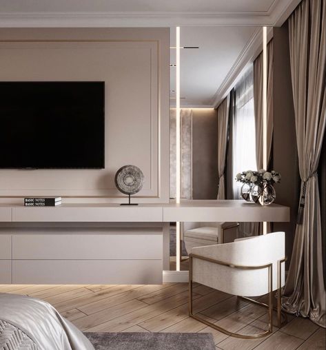 Tv Desk, Hotel Bedroom Design, Bedroom Tv Wall, Home Decor Cozy, Modern Luxury Bedroom, Cozy Home Decor, Home Decor Idea, Paper Home, Tv In Bedroom