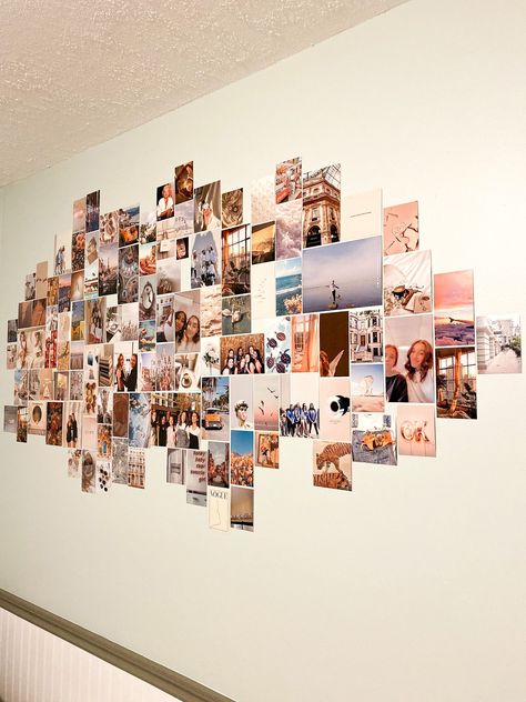 Foto Wall Ideas Living Room, 4x4 Pictures On Wall Ideas, Cards On Wall Decoration, Diy Wall Picture Collage, Photo Wall Collage Layout Ideas, Wall Full Of Pictures Aesthetic, Ways To Arrange Pictures On A Wall, Photo Wall Collage No Frames, How To Decorate A Bedroom Wall Pictures