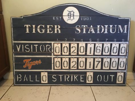 Customized Rustic Baseball vintage sports scoreboard Vintage Baseball Scoreboard, Sporty Room, Sports Scoreboard, Vintage Baseball Room, Baseball Scoreboard, Dads Room, Tiger Stadium, Ty Cobb, Baseball Room