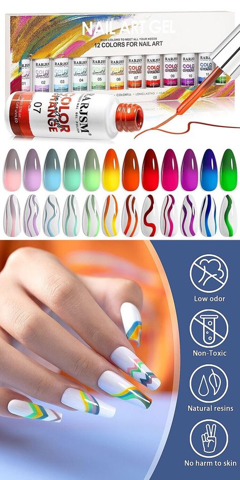 RARJSM Temperature Color Changing Painted Line Art Gel Nail Polish Set,12 Colors Mood Changing RARJSM Temperature Color Changing Painted Line Art Gel Nail Polish Set,12 Colors Mood Changing Gel Polish Pink, Hiking Aesthetic, Nail Polish Set, Gel Nail Polish Set, Winter Nail Art, Nail Buffer, Nail Polish Sets, Gel Nail Art, Red Blue Green