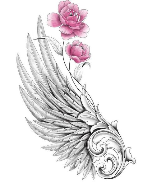 Angel Wing With Flower Tattoo, Angel Wing Tattoo Women, Feather Wings Tattoo, Wing Tattoo Designs Arm, Wings And Flowers Tattoo, Winged Dragon Tattoo, Angel Wings Tattoo Shoulder, Angel Wing Arm Tattoo, Angel Wing Tattoo Designs