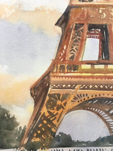 "Original watercolor of the \"Eiffel Tower\" in Paris, France. Loose watercolor painted in an impressionistic style from my recent travel photos. Signed lower right and on back. I used a warm color palette: burnt sienna and created the orange colors. Arches 140lb cold press paper. Image size 15x20\". Includes 16x20\" mat and backing board. No frame. Great gift for wedding couple, anniversaries or just because.... NOTE: Variations in colors can occur due to monitor differences. You are purchasing Eiffel Tower Watercolor Painting Easy, Painting Of The Eiffel Tower, France Painting Aesthetic, Paris Watercolour Painting, Paintings Of France, Eiffel Tower Watercolor Painting, Paris Landscape Painting, Watercolor Art Paris, Paris Watercolor Painting Easy