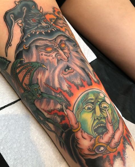 Wizard Tattoo Sleeve, Wizard Back Tattoo, Evil Wizard Tattoo, Dark Wizard Tattoo, Wizard Tattoo For Men, Traditional Backpiece Tattoo, Dark American Traditional Tattoo, Sorcerer Tattoo, Traditional Wizard Tattoo