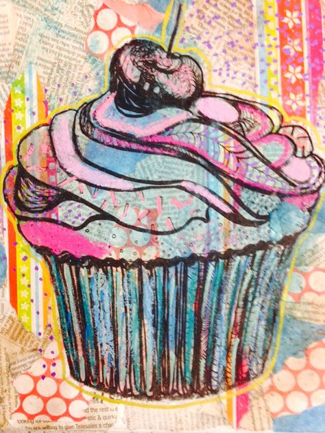 Drawing Mixed Media, Cupcake Drawing, Cupcake Art, Colossal Art, Gcse Art, Art Video, Mixed Media Art Journaling, Journal Doodles, Monoprint