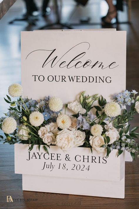 Pastel, light blue and blush flowers for this welcome sign flower box at this coastal southern california wedding. Wedding Flower Box Sign, Flower Box Welcome Sign, Bel Air Bay Club Wedding, Pastel Light Blue, Sage Green Wedding, Blue Sage, Blush Flowers, Southern California Wedding, Wood Rustic