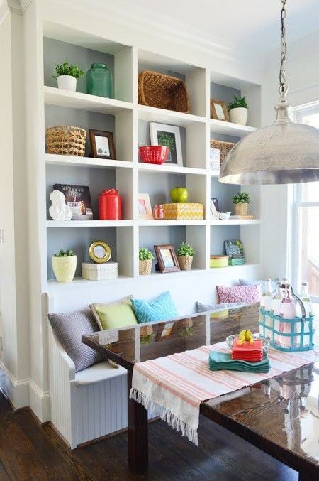 Banquette seating with shelves above. Great use of space. Banquette Kitchen, Nook Office, Dining Bench With Storage, Colorful Breakfast, Kitchen Banquette, Storage Bench Seating, Young House Love, Banquette Seating, Kitchen Corner