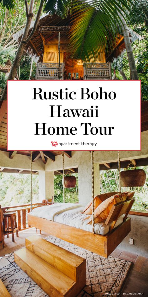 A Rustic Hawaiian Home Has a Treehouse, Swing Beds, and Lots and Lots of Gorgeous Greenery — House Tour Jungle Apartment, Hawaiian Interior Design, Hawaiian Style Decor, Greenery House, Hawaii Apartment, Hawaiian Bedroom, Hawaiian House, Hawaiian Home Decor, Jeanne Marie