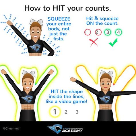 Cheer tips to improve your precision and how to hit your counts! Click on link for full article and more tips. Shoulder Sits Cheer, Cheer Terminology, Cheer Backspot, Cheer Motions, Cheer Drills, Cheer Conditioning, Cheer Flexibility, Cheer Tips, Cheer Stretches