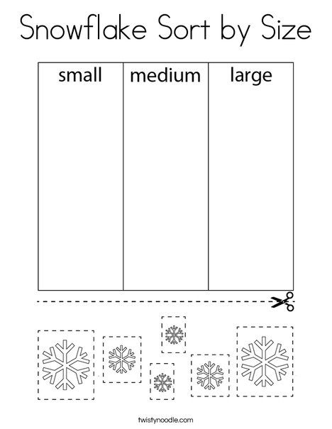 Snowflake Sort by Size Coloring Page - Twisty Noodle Snowflake Theme Preschool, Snowflake Worksheets For Preschool, Winter Sorting Activities For Preschool, Snow Worksheets Preschool, Winter Preschool Math Activities, Snow Math Activities For Preschool, Winter Lessons For Preschool, Snowflake Preschool Activities, Snowflake Tracing