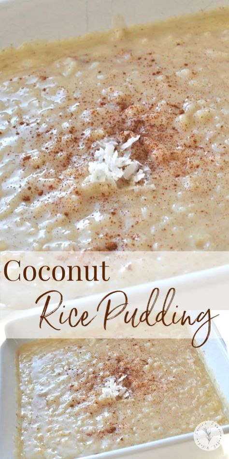 This creamy Coconut Rice Pudding made with instant rice, coconut flakes, coconut milk, sugar, eggs and spices is a deliciously quick and tasty dessert.  #rice #ricepudding #desserts Coconut Milk Rice Pudding, Creamy Coconut Rice, Rice Coconut, Coconut Rice Pudding, Creamed Rice, Rice Pudding Recipes, Rice Desserts, Instant Rice, Coconut Milk Recipes