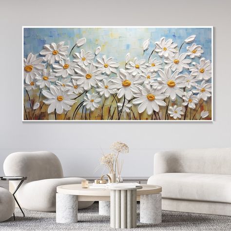 3D White Daisies Canvas Oil Painting, Original Sunflower Landscape Art, Blooming Flowers, 3D Textured Palette Knife Painting, Christmas Gift Sunflower Landscape, Flowers 3d, Canvas Oil Painting, Painting Christmas, Daisy Painting, White Daisies, Palette Knife Painting, Knife Painting, Palette Knife