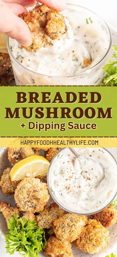 These vegan breaded mushrooms offer a delicious crunch without the guilt! Prepared without frying, they're a healthier twist on a classic favorite. Paired with a homemade dipping sauce, they make for a perfect appetizer or snack. Try them out for your next gathering and watch them disappear! Breaded Mushroom Dipping Sauce, Dipping Sauce For Fried Mushrooms, Fried Mushroom Dipping Sauce, Homemade Dipping Sauce, Deep Fried Mushrooms, Vegan Cauliflower Wings, Italian Dip, Breaded Mushrooms, Cheese Stuffed Mushrooms