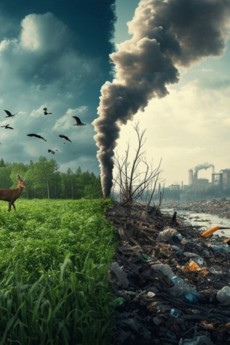 Une image contrastant une nature prospère avec des animaux et des oiseaux à gauche, et une zone polluée avec des usines et des déchets à droite, illustrant la réalité de la pollution et de la dégradation environnementale. Air Pollution Pictures, Nature Pollution, Pollution Pictures, Environment Pollution, Pollution Environment, La Pollution, Draw Ideas, Meaningful Art, Air Pollution