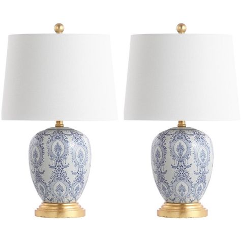 Infuse opulence and grace into any living room with this heirloom quality table lamp. Designed to illuminate the stunning pattern on its luxurious ceramic body, its rich gold leaf finish makes it a treasure. Sold in sets of two. Care Instructions: Before cleaning any lamp shade or fixture, disconnect the power source. Wipe with a soft, dry cloth. Avoid the use of chemicals and household cleaners as they may damage the finish.. Elegant Table Lamp, Blue Table Lamp, Pc Table, Lamp Set, Blue Table, Table Lamp Sets, White Table Lamp, Led Table Lamp, White Table