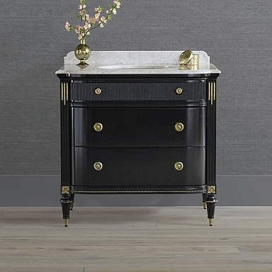 Regency Bow Front 36" Single Bath Vanity Black Powder Room Vanity, Art Deco Bathroom Vanity, Chaise Bedroom, Black Powder Room, Luxury Bathroom Vanities, Pool House Bathroom, Faucet Hardware, Unique Bathroom Vanity, 36" Vanity