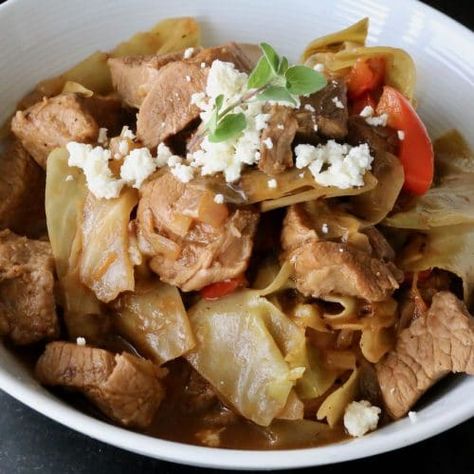 Greek Pork and Cabbage Stew - dobbernationLOVES Mediterranean Stew, Cabbage Stew Recipe, Greek Pork, Pepper Pork, Cabbage Stew, Pork And Cabbage, Boneless Pork Shoulder, Easy Mediterranean Diet Recipes, Pork Stew