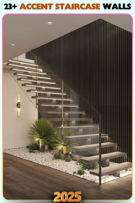 A dark vertical slat staircase wall that brings a bold, structured look. The deep contrast pairs beautifully with light steps, adding modern elegance to the space. Slat Staircase, Accent Staircase, Accent Staircase Wall, Staircase Wall Ideas, Staircase Walls, Staircase Wall, Step Lighting, Wall Ideas, Modern Elegance