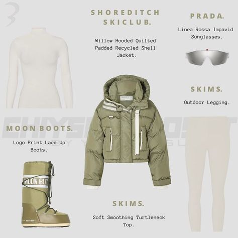 Prada Ski Boots Outfit, Green Winter Outfits, Alps Christmas, Ski Resort Outfit, Moon Boots Outfit, Bestie Pictures, Ski Fit, Ski Trip Outfit, Camo Pants Outfit